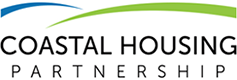 logo for coastal housing partnership centered font with a blue and green arc above