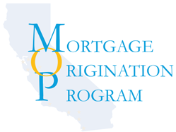 Mortgage Origination Program text overlayed on silhouette of California state in mostly blue font